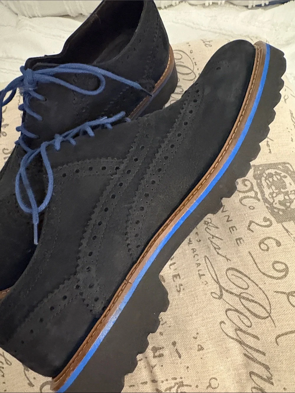 Bruno Magli Black Velvety Suede Wingtip Derbys with Blue Laces - 10.5 Men’s